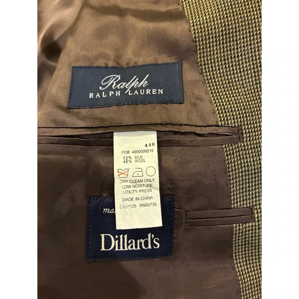 Ralph Ralph Lauren Silk Wool Houndstooth Blazer Mens 44R Olive Brown Vintage Y2K